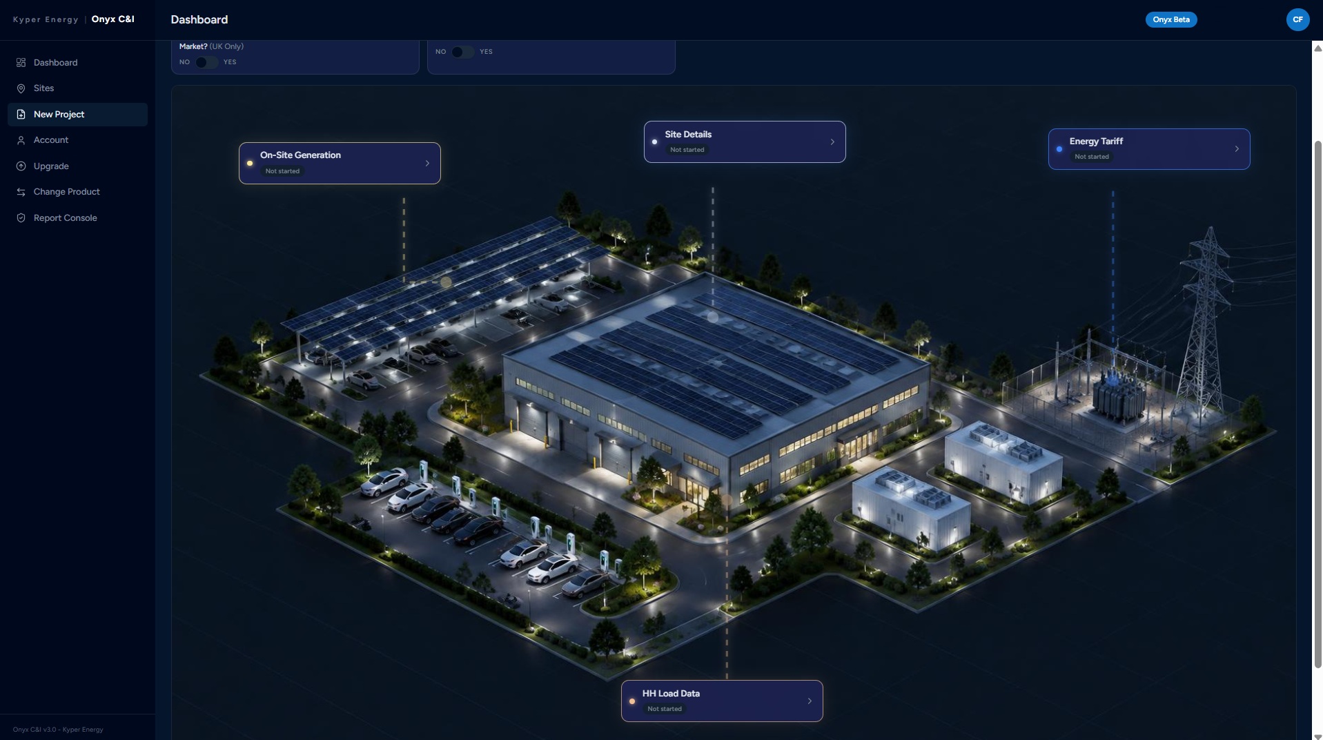 Onyx C&I digital twin dashboard showing a commercial site with rooftop solar, solar carports, EV chargers, battery storage and a grid connection