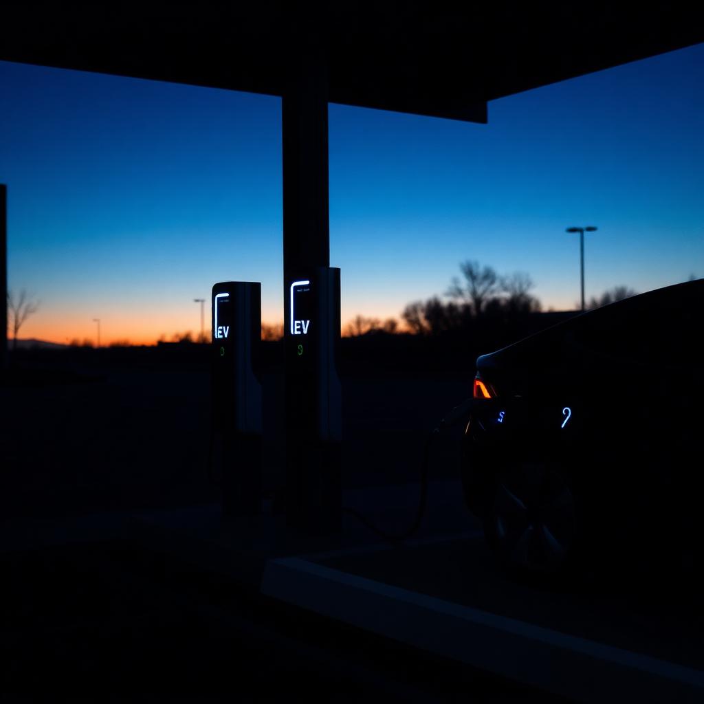 Electric vehicle charging hub at night