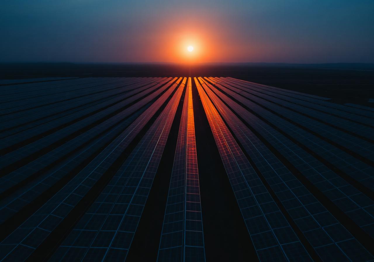 Solar PV farm at sunset