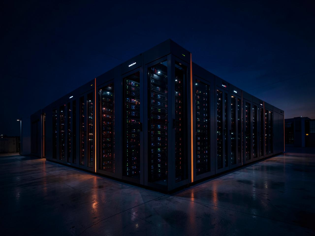 Data centre server hall with glowing racks at night