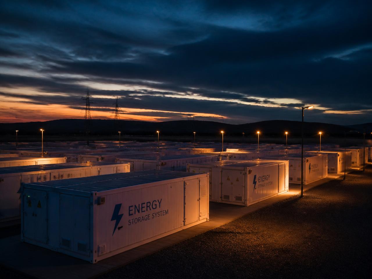 Grid-scale battery energy storage containers at dusk